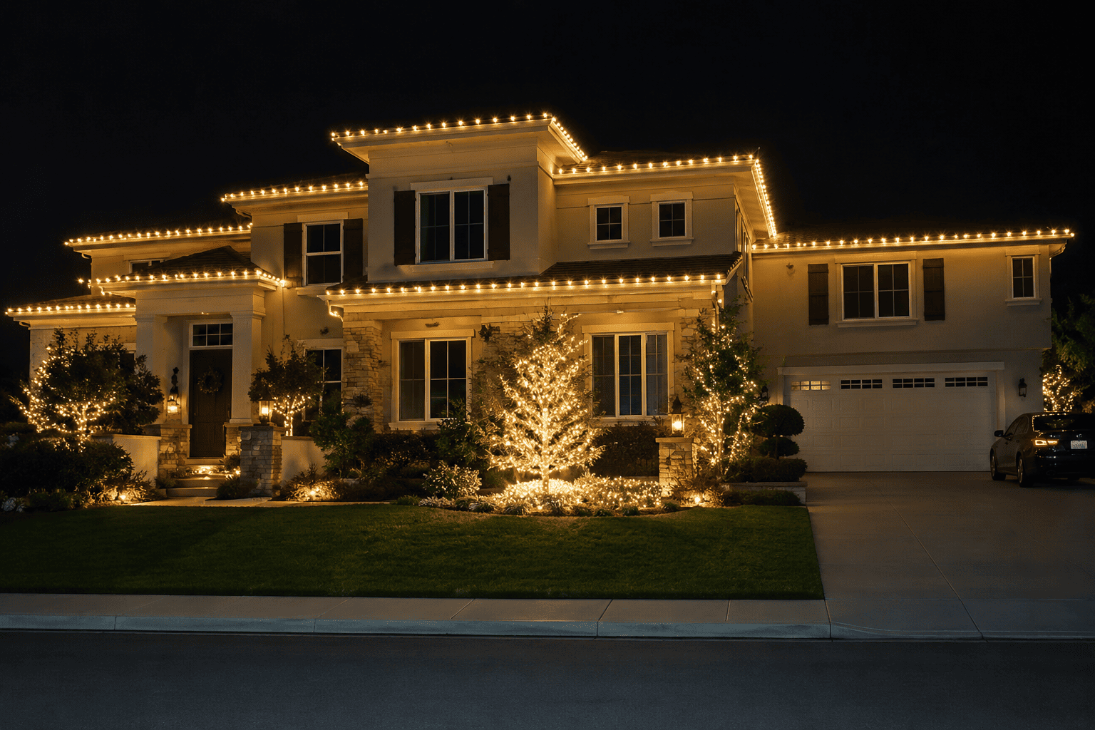 Luxury home with golden holiday lighting