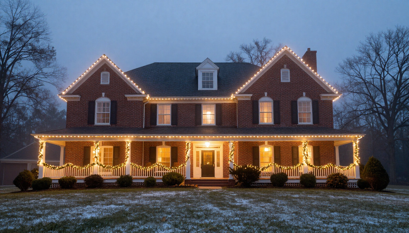 Luxury home glowing with professional holiday roofline lights at dusk