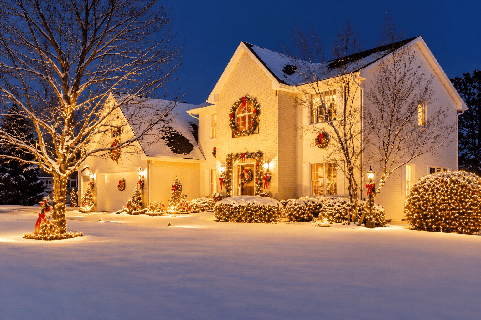 House decorated with warm holiday lights in snow